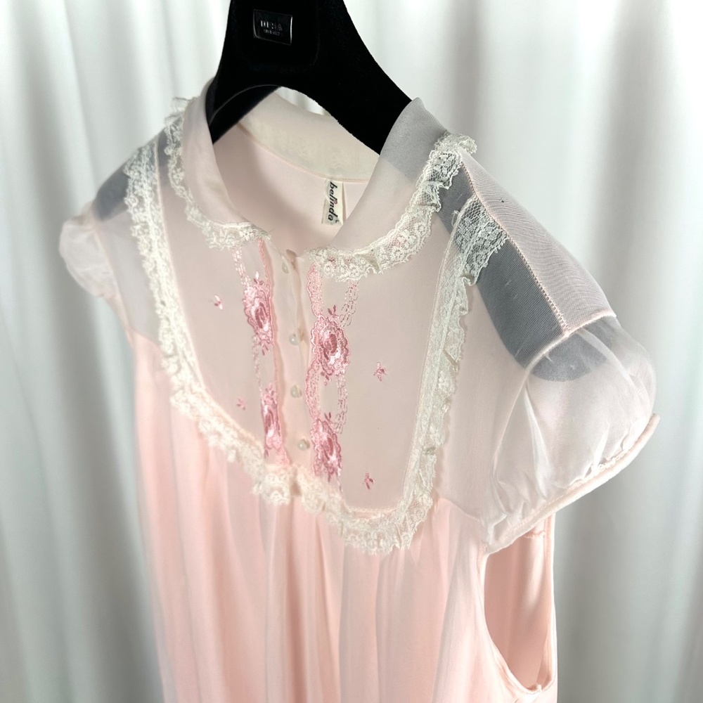 Vintage 60s Pink Sheer Nightgown | Belinda Lace Nylon Slip S/M - Picture 8 of 13